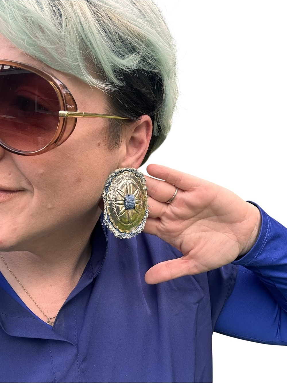 Vintage Denim & Silver Tone Concho Clip On Earrings Western Southwest Hat Clips - Picture 5 of 6